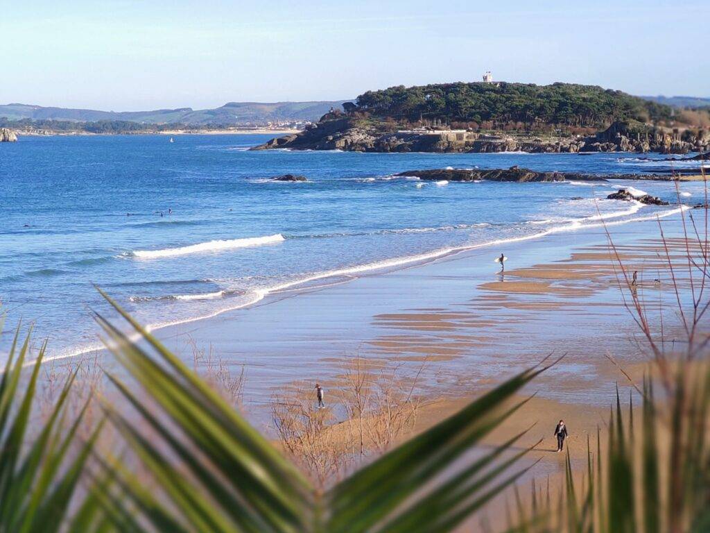 Sardinero Beach waves gold sand and exotic plant surf w santanderze